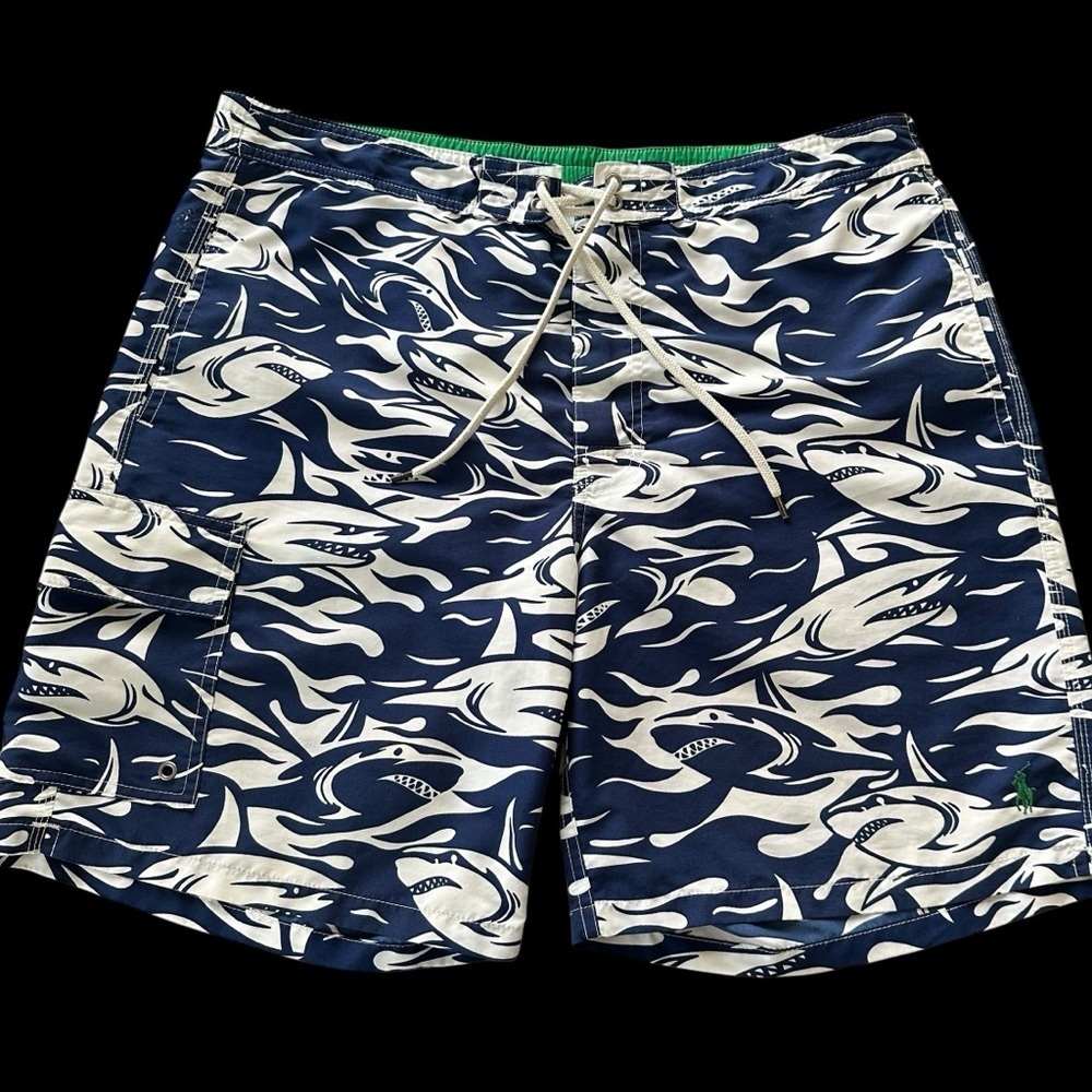 Polo Ralph Lauren XL Shark Print Lined Swim Shorts 9” Navy‎ Blue Swimsuit
